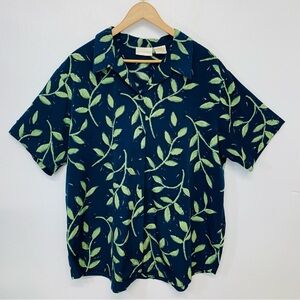 Christie Jill Blouse Woman‎ 2X  Button Up Navy Green Print Short Sleeve Casual